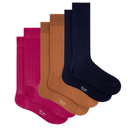 Paul Smith's Men's Cotton Blend Ribbed Socks 3-Pack come in a presentation box with a window.