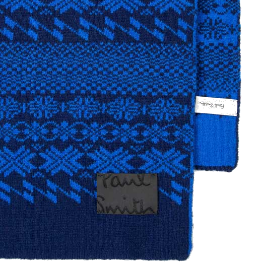 This Paul Smith Men's Navy Fair Isle Lambswool Scarf features a branded tag.