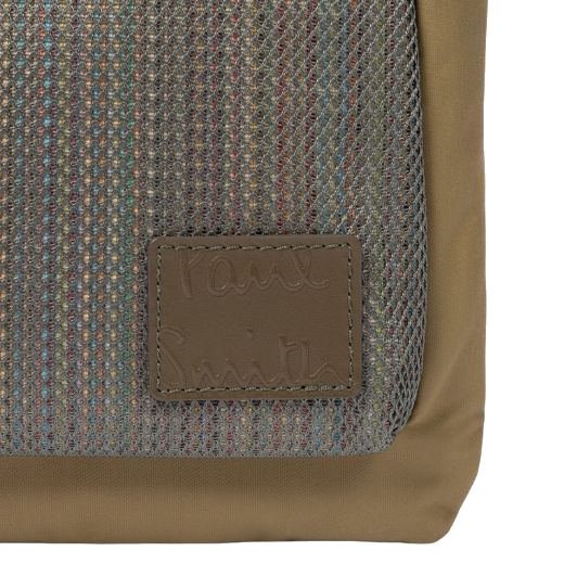 This Paul Smith Men's 'Signature Stripe' Khaki Cross Body Bag has a small leather patch in one corner with the brand name embossed subtly.