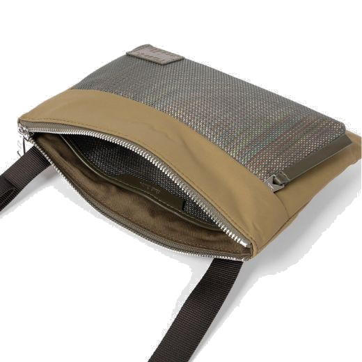 This Men's 'Signature Stripe' Khaki Cross Body Bag by Paul Smith features the Signature Stripe pattern on the front under the mesh panel.