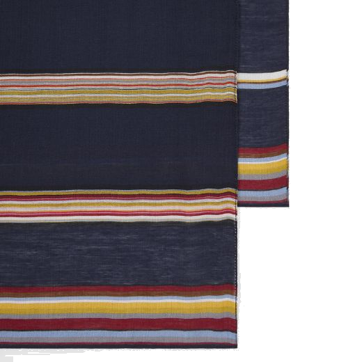 This Paul Smith Men's Signature Stripe Navy Silk-Blend Scarf has neatly stitched edges and is great for wearing casually or dressing up any outfit during anytime of year.