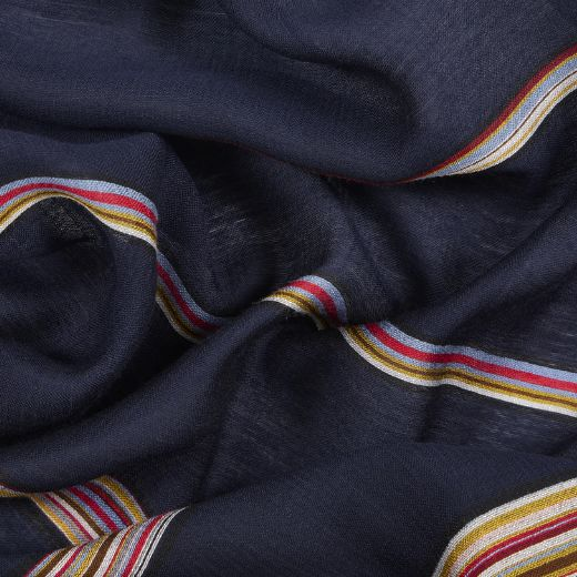 This Men's Signature Stripe Navy Silk-Blend Scarf by Paul Smith has striped detailing in a mix of red, brown, gold, grey, and grey.