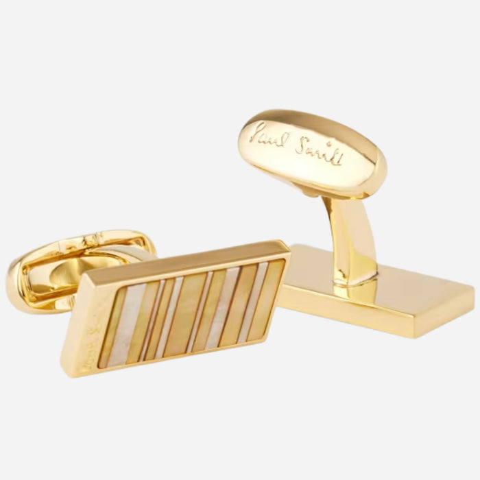 Back and side views of the Paul Smith Mother of Pearl 'Stripe' Gold Metallic Cufflinks.