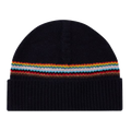 This Paul smith Navy 'Signature Stripe' Block Lambswool Beanie Hat is made in the UK and has a ribbed knit design.
