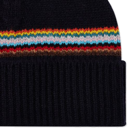 Paul Smith's Navy 'Signature Stripe' Block Lambswool Beanie Hat has a ribbed knit design with a turned-up edge to keep you warm during the winter.
