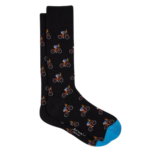 This Novelty Rabbit on Bike Men's Cotton Blend Socks 3Pack by Paul Smith has a black pair with the rabbit design in a mix of brown, red, blue, and purple.