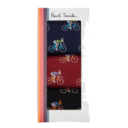 Paul Smith's Novelty Rabbit on Bike Men's Cotton Blend Socks 3Pack will arrive in boxed packaging that is branded with the Paul smith signature towards the top.
