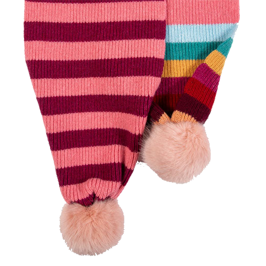 This Paul Smith Pink Stripe Knitted Wool Pom-Pom Scarf features faux fur pom poms.
