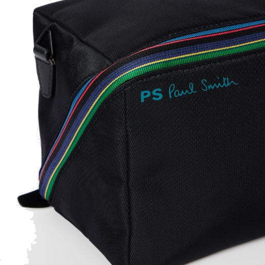This Paul smith PS Black 'Sports Stripe' Wash Bag has a dual zip with the main compartment that opens up fully so you can easily have access to the contents inside.