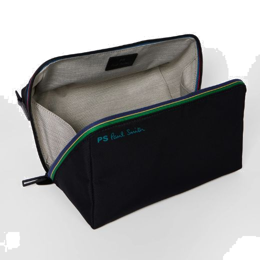 Paul smith's PS Black 'Sports Stripe' Wash Bag has the signature logo in blue on the front corner.