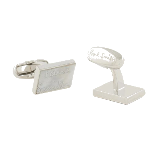 This pair of Rectangular Mother of Pearl 'Signature' Logo Cufflinks by Paul Smith can add a sophisticated look to a dressed up look.