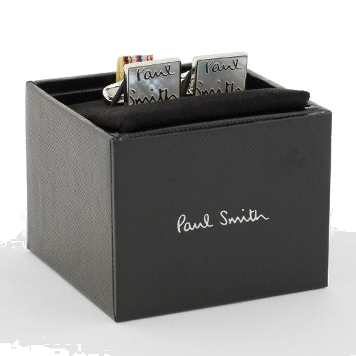These Paul Smith Rectangular Mother of Pearl 'Signature' Logo Cufflinks come in a small gift box with the brand name.