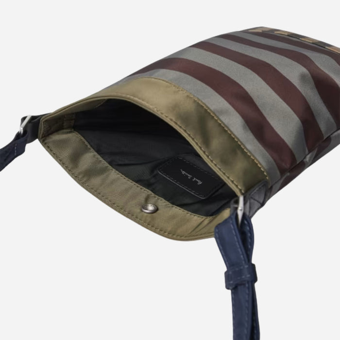 Inside the Paul Smith Recycled Nylon Multistripe Musette Bag with Signature Logo Patch.