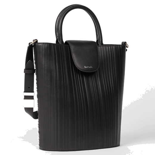 This Paul Smith Shadow Stripe Brown Leather Bucket Baghas the brand name in foil embossing on the flap closure.