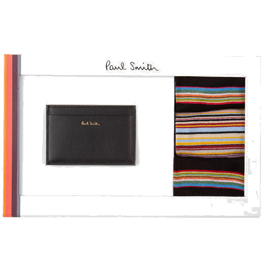 This Signature Stripe Card Holder & Socks Gift Set has been designed by Paul Smith.