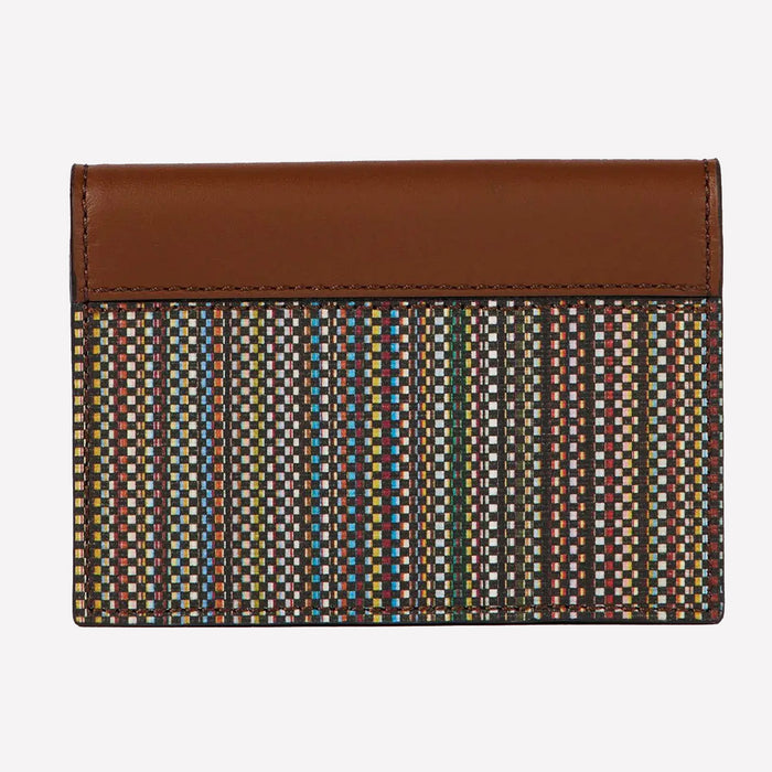This Paul Smith card holder features a smooth leather and multi colour canvas design.