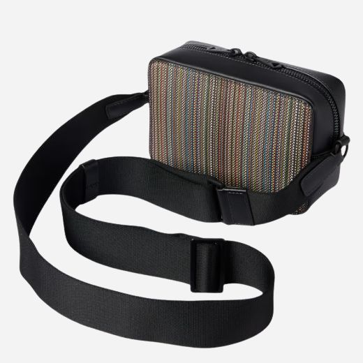 The adjustable cross body strap on the Signature Stripe Coated Canvas Cross Body Bag with Dual Zip.