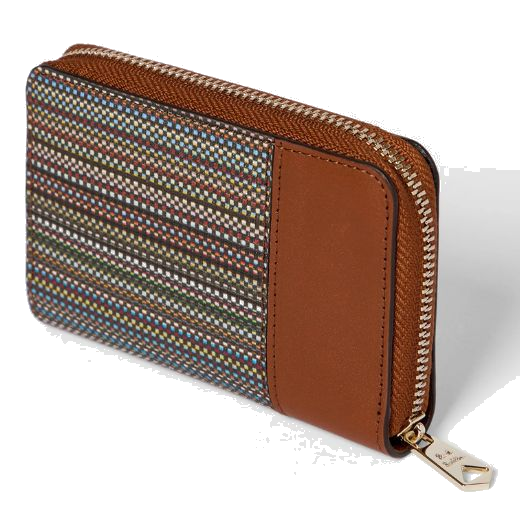 This Paul Smith Signature Stripe Coated Canvas Zip-Around Purse has 4 card slots and two gusseted compartments.
