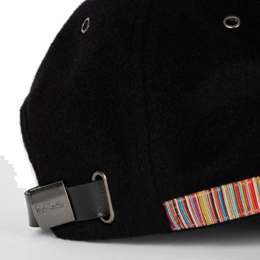 This Signature Stripe Trim Black Wool Cap by Paul Smith has a black leather adjuster strap with a metal buckle that has the Paul Smith signature engraved.