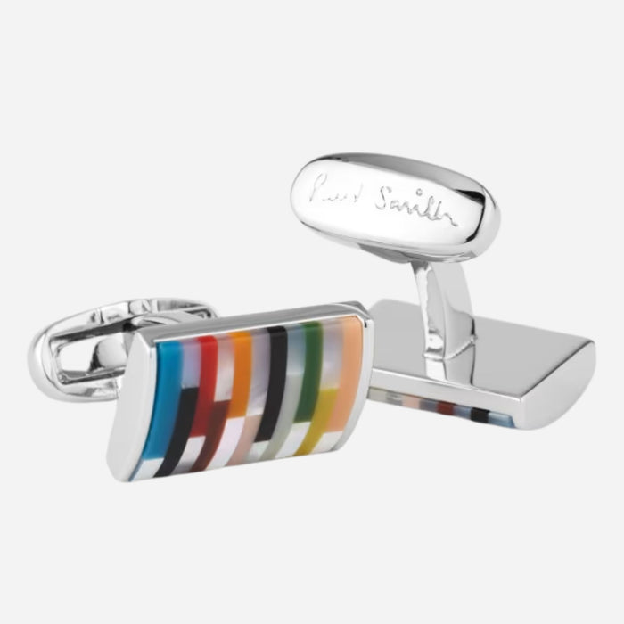 Back and side view of the Paul Smith Silver Metallic 'Signature Stripe' Curve Cufflinks.