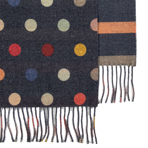 Paul Smith's Spot-Stripe Navy Wool-Cashmere Scarf is dry clean only.