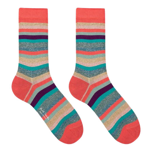 Paul Smith's Women's 6-Pack Swirl Stripe Mixed Socks features two pairs of a sparkly stripe design with coral and blue.