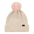 This Paul smith Women's Beige Wool Cable Knit Pom-Pom Beanie Hat has a faux fur pom-pom at the top in a light pink shade to contrast.