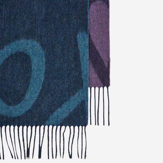 The edges of the Women's Blue and Purple Wool Blend Scarf with Signature Print.