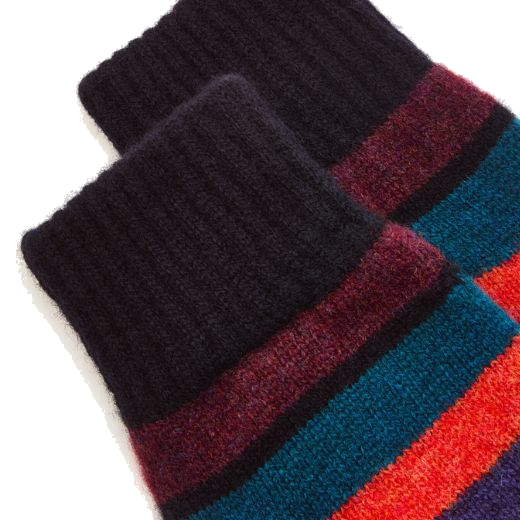 This pair of Paul Smith Women's Blue Block Stripe Knitted Wool Gloves has a mix of teal, purple, burgundy, and orange stripes with a dark blue base.