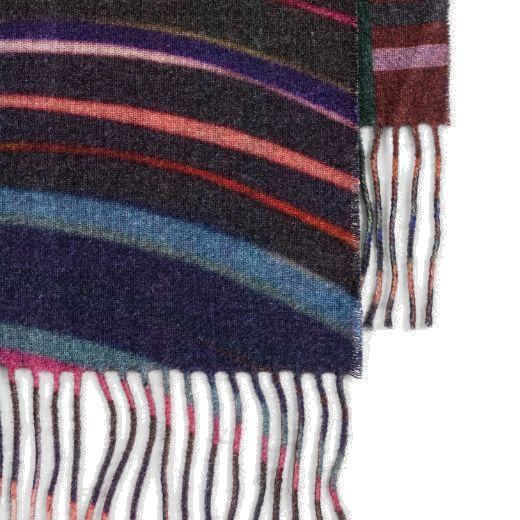 This Paul Smith Women's Cashmere Blend 'Midnight Swirl' Check Scarf has fringing on the ends with slightly frayed edges to give it a soft feel.