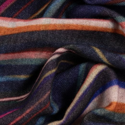 Paul Smith's Women's Cashmere Blend 'Midnight Swirl' Check Scarf has a colourful swirl pattern with a dark blue and black base.