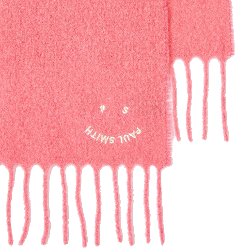 This Paul Smith Women's 'Happy' Alpaca-Blend Pink Scarf features its smiley face logo.