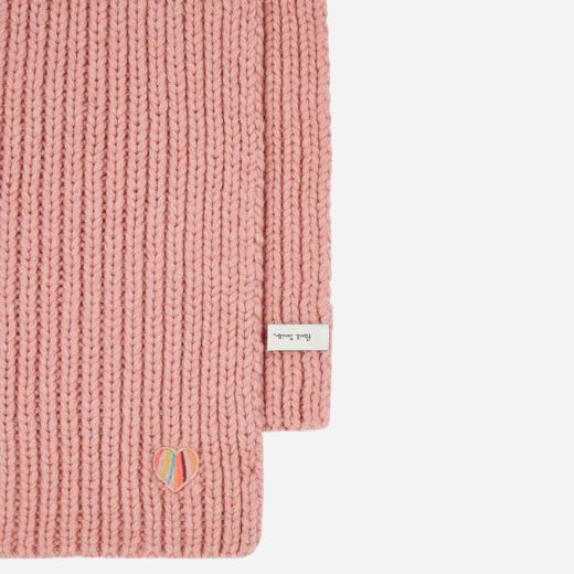 Edge of the Women's Pink Lambswool Scarf with Swirl Heart Logo.
