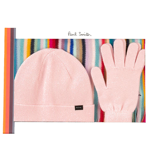 This Paul Smith Women's Stripe Scarf, Pink Gloves & Hat Gift Set wil be presented inside a bespoke gift box.