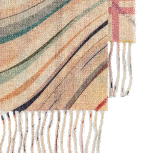 This Paul Smith Women's Wool & Cashmere Blend Check Swirl Scarf has fringing on the ends with a slightly frayed edge.
