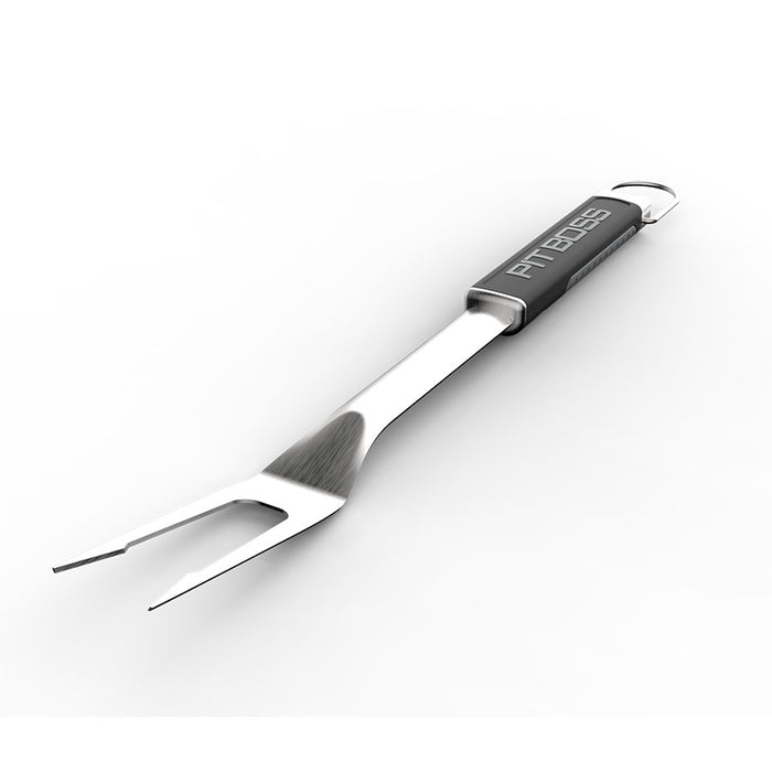 Pit Boss BBQ Fork silver body with black handle and small pit boss logo