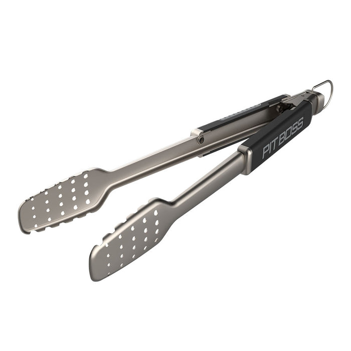 Pit Boss BBQ Tongs silver stainless steel with black handle and pit boss logo