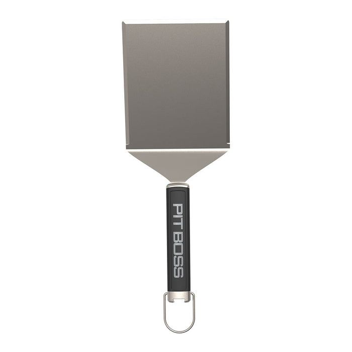 Pit Boss Big Head BBQ Spatula, silver with black handle and grey pit boss logo for grilling and smoking