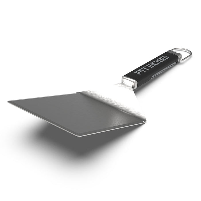 Pit Boss Big Head BBQ Spatula, silver with black handle and grey pit boss logo for grilling and smoking, side angle view