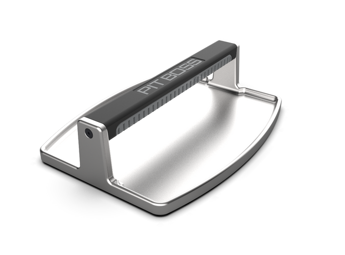 Silver Pit Boss Grills PB Griddle Press cooking tool with textured handle and branding.