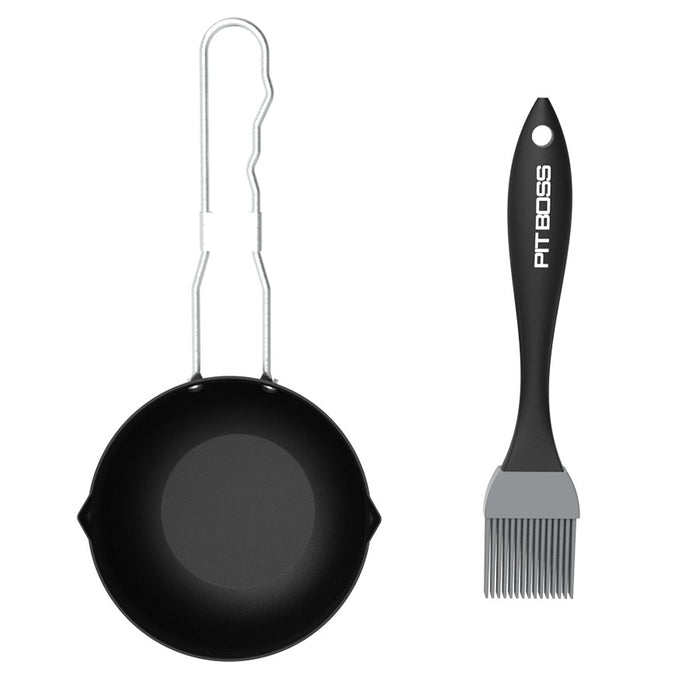 BBQ Basting Brush with Sauce Pot, black and grey with pit boss logo. pieces separate