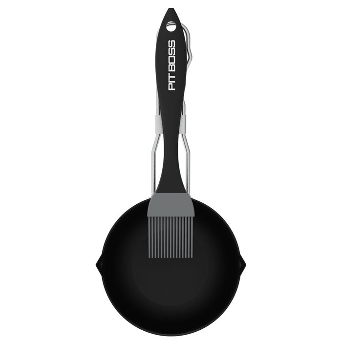 BBQ Basting Brush with Sauce Pot, black and grey with pit boss logo, top down angle