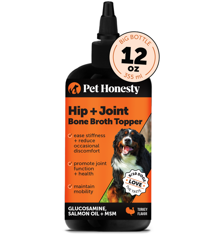Pet Honesty Hip and Joint Bone Broth and Glucosamine Oil Supplement for Dogs, Turkey Flavor, 12 oz.