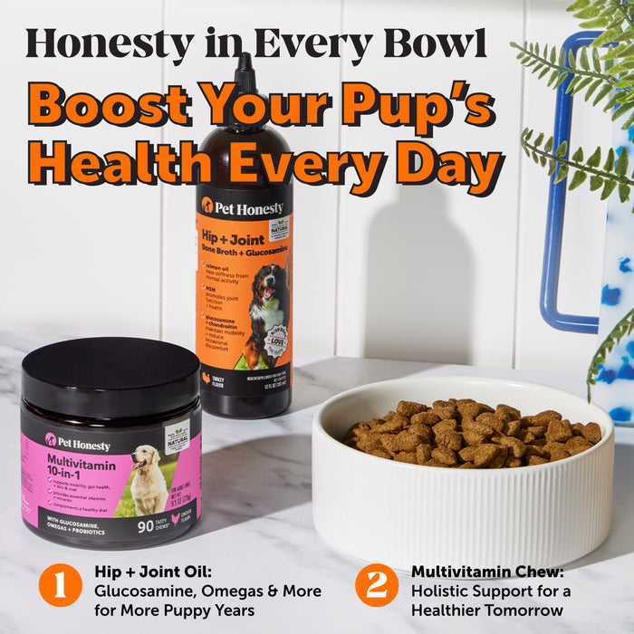 Pet Honesty Hip and Joint Bone Broth and Glucosamine Oil Supplement for Dogs, Turkey Flavor, 12 oz.