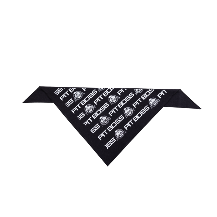 Black Pit Puppies Dog Bandana with "Pit Boss" and "SS" logos, designed for pets by Pit Boss Grills.