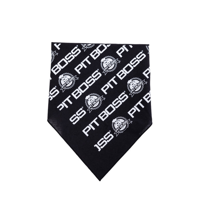 Black Pit Puppies Dog Bandana with "Pit Boss" and "PITBOSS" text and logo designs by Pit Boss Grills.