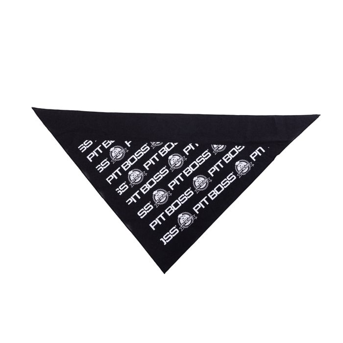 Black Pit Puppies Dog Bandana with "Pit Boss" and "SS" logos repeated in a pattern.