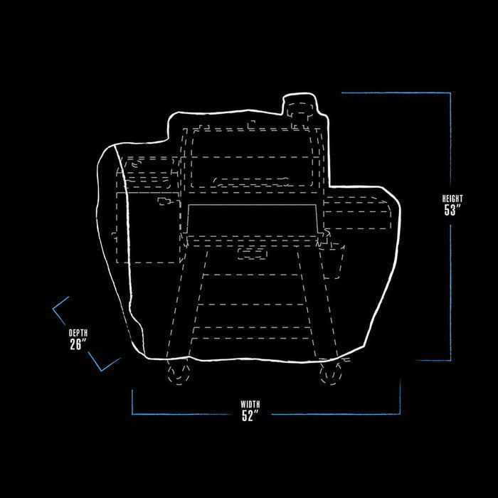 Pit Boss Grills Platinum Laredo Grill Cover, white, with dimensions: 52" width, 26" depth, 53" height.