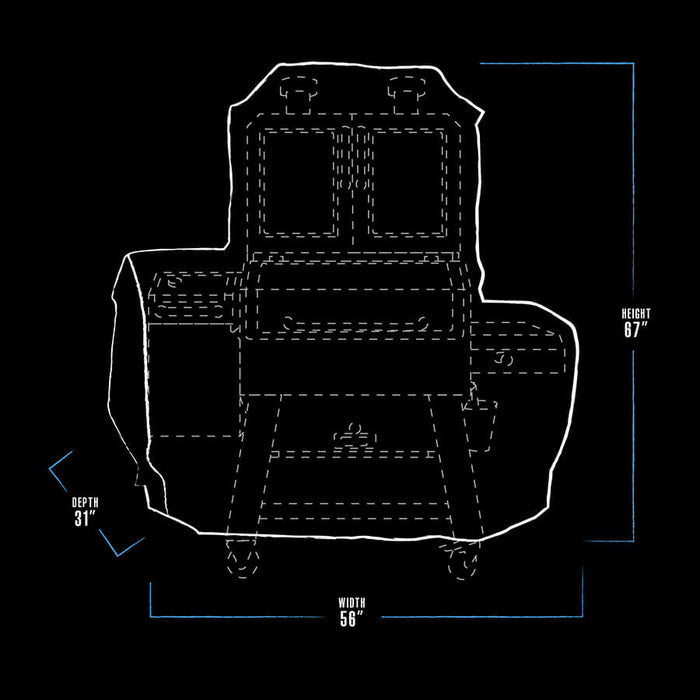 black and white line drawing of pit boss lockhart combo grill cover with blue line accents. measures 56 x 31" x 67"