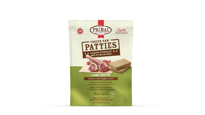 Primal Dog Frozen Raw Patties - 6lb Lamb Recipe